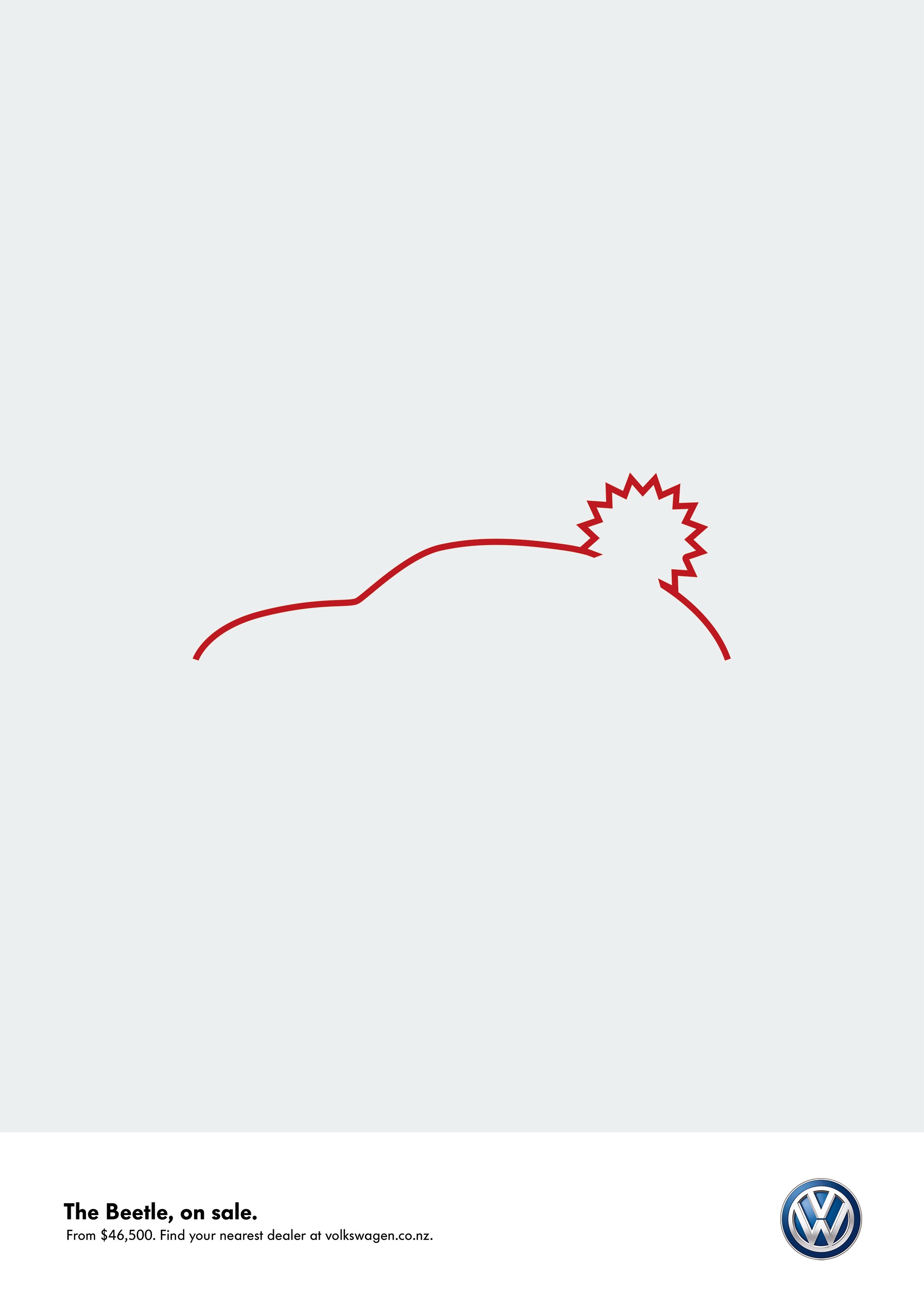 Volkswagen print ad — a single red line reads as both a Beetle silhouette and a chicken. Headline: The Beetle, on sale.